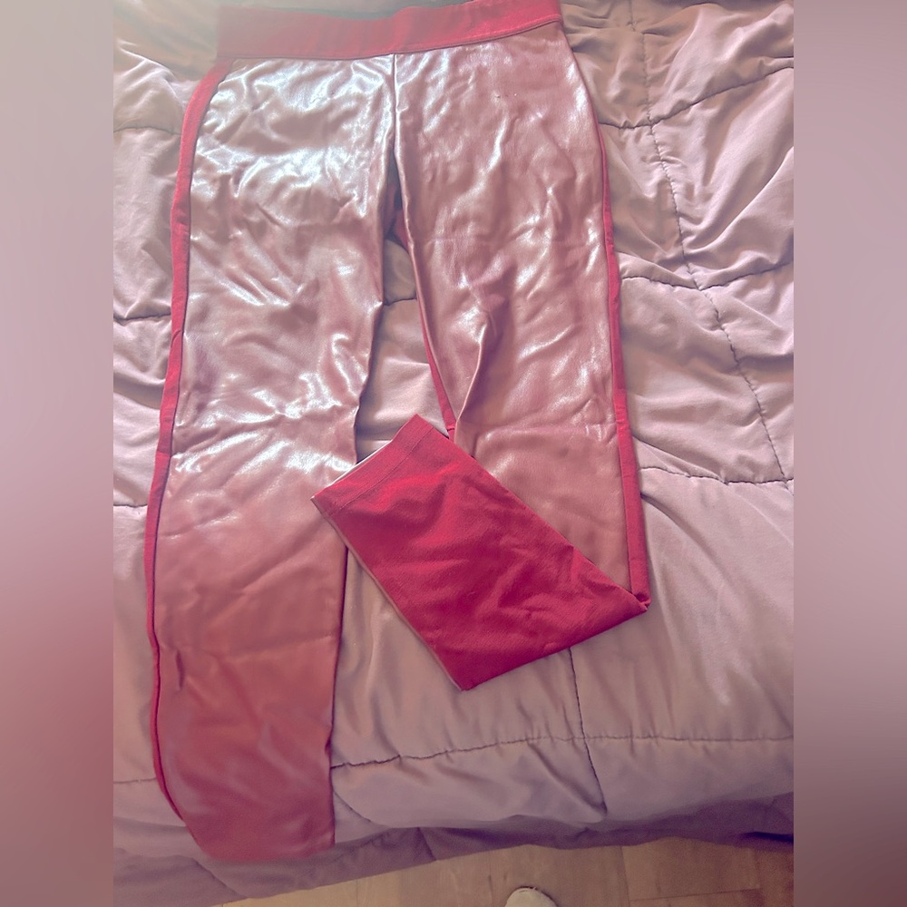 Burgundy Red Leather Look Front Thick Stretch Back Wide Waistband Tights Legging